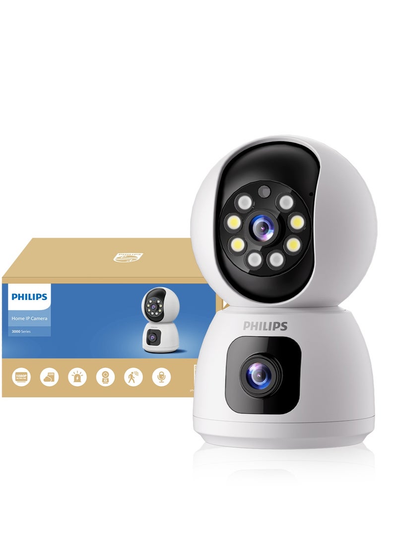 فيليبس كاميرا فيليبس الذكية بزاويتين 360°، بدقة 1080P، WiFi للمراقبة الداخلية والخارجية، كشف الحركة، وضع الخصوصية، التتبع الذكي، صوت ثنائي الاتجاه، رؤية ليلية، عدسات قابلة للدوران بشكل مستقل، تدعم بطاقة SD حتى 128GB، تنبيهات عن بُعد لمراقبة المنزل/الأطفال/المسنين. - Image 1